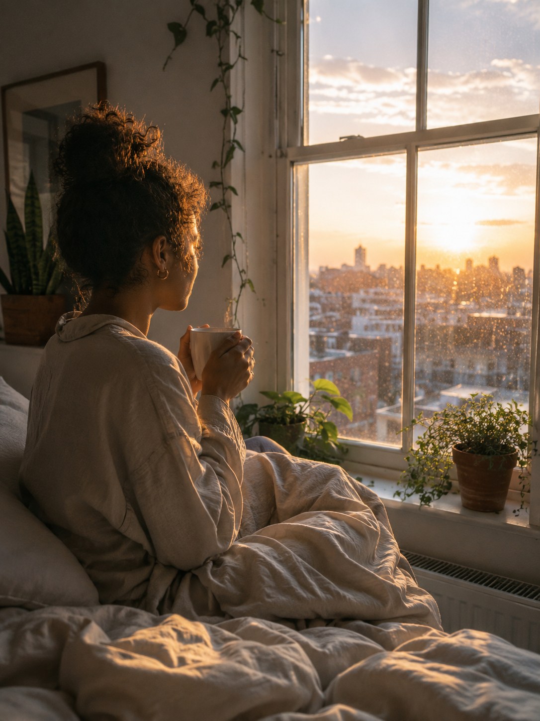 Morning coffee by the window at sunrise